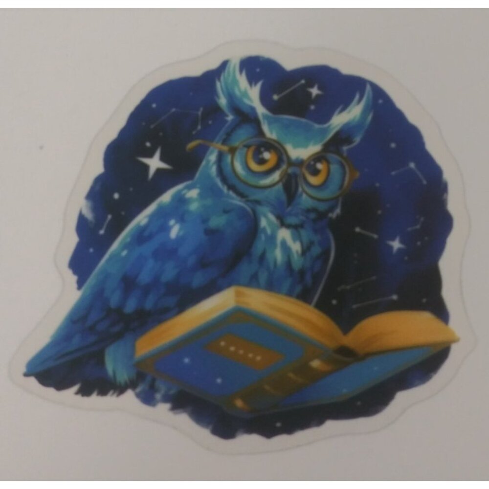 10/$10 Blue Owl Wearing Glasses Reading Book Transparent Sticker 2.18" x 2.25"